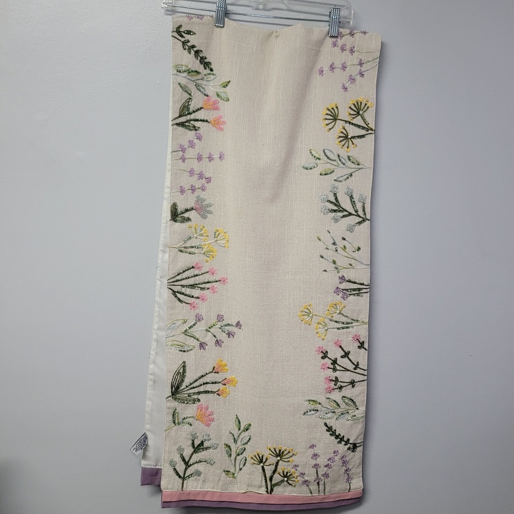 Beaded Floral Embroidered Cream Table Runner 70 Inch Shimmer Linen Look
